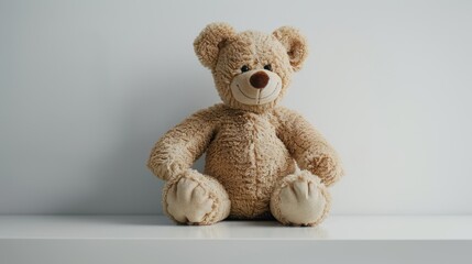 Obraz premium Patient brown teddy bear sits on a white shelf, eagerly waiting for a child to come and play