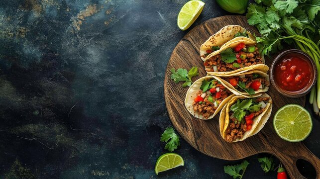 Rustic taco flyer with images of traditional Mexican tacos, surrounded by fresh ingredients like cilantro, lime, and salsa.