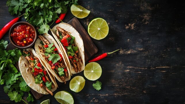 Rustic taco flyer with images of traditional Mexican tacos, surrounded by fresh ingredients like cilantro, lime, and salsa.