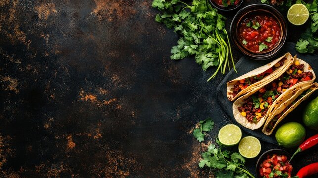 Rustic taco flyer with images of traditional Mexican tacos, surrounded by fresh ingredients like cilantro, lime, and salsa.
