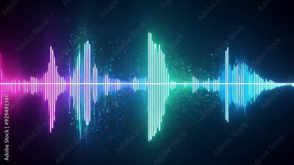 Poster colorful soundwaves display varying amplitudes and frequencies created against a dark backdrop, illu