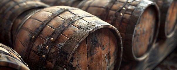 Close-up of Wooden Barrels with Metal Bands