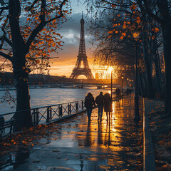 View of the Eiffel Tower in Paris at Sunset 