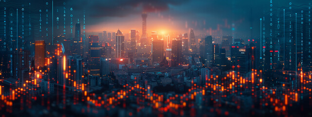 Fototapeta premium Abstract view of a night city with diagrams and lights. Modern technological background with blue and red lights.