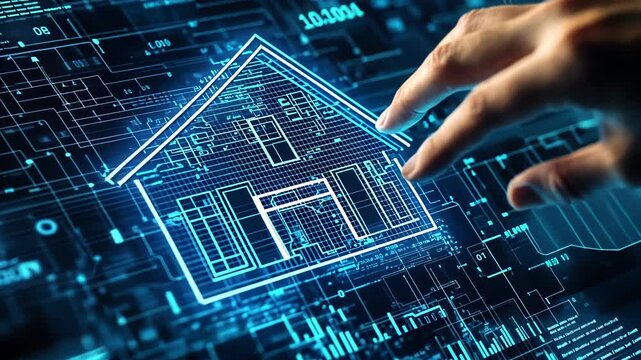 Hand touches holographic house icon amid digital data streams. Futuristic interface showcases smart home technology and digital real estate concept.	