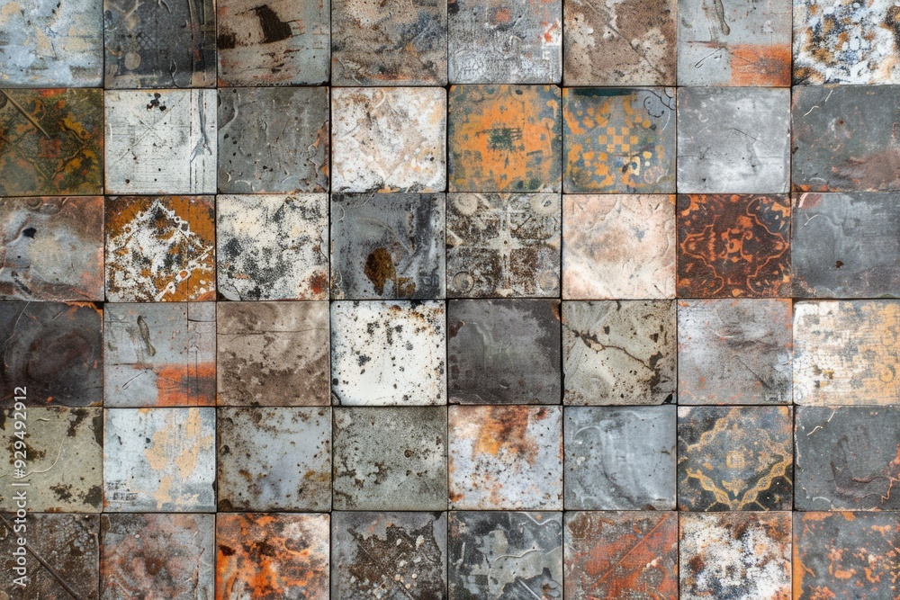 Poster A close-up view of a wall covered in variously colored tiles, ideal for use in interior design or architecture contexts