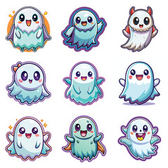 Fototapeta premium Cute cartoon friendly ghost minimal sticker vector art set on white background