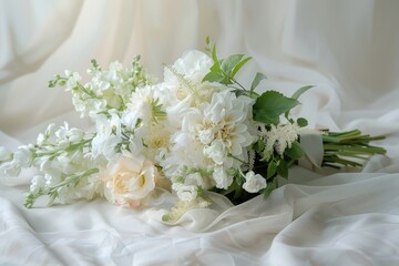 A beautiful bouquet of white and pink flowers placed on a bed, perfect for decorating a bedroom or creating a romantic atmosphere