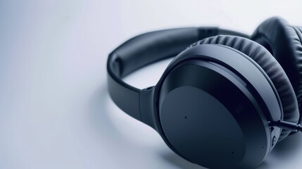 Black wireless headphones with noise cancellation resting on a white surface