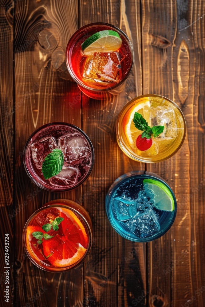 Poster a collection of colorful beverages on a wooden table, suitable for use in ads, promotions or editori