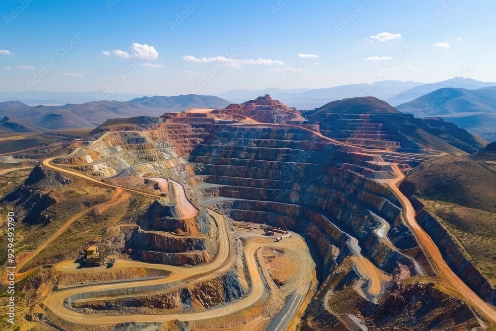 Aufkleber Aerial view of a large open pit mine with machinery and terrain in the background