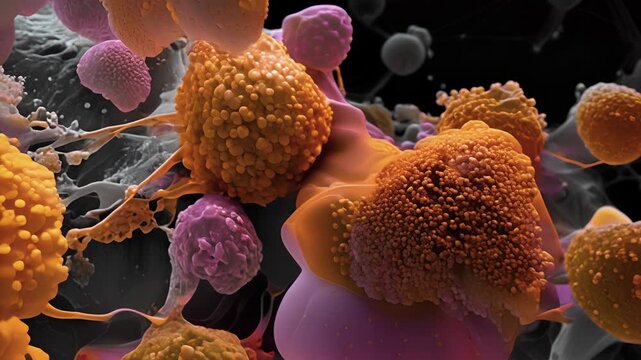 Cluster of autoreactive T cells gathering around and attacking a healthy cell in a patient with type 1 diabetes.