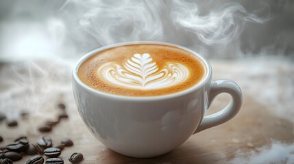 A steaming cup of expertly crafted latte art its intricate design and rich aroma inviting the viewer to savor the moment and indulge in the perfect start to the day