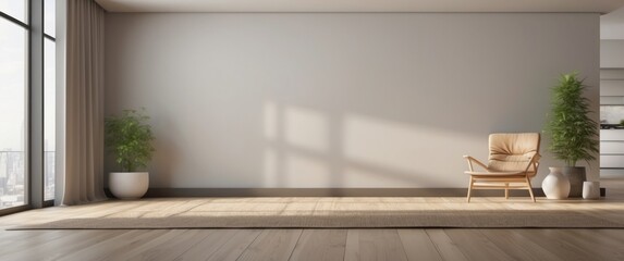 Minimalist Living Room with Tan Armchair and Beige Rug