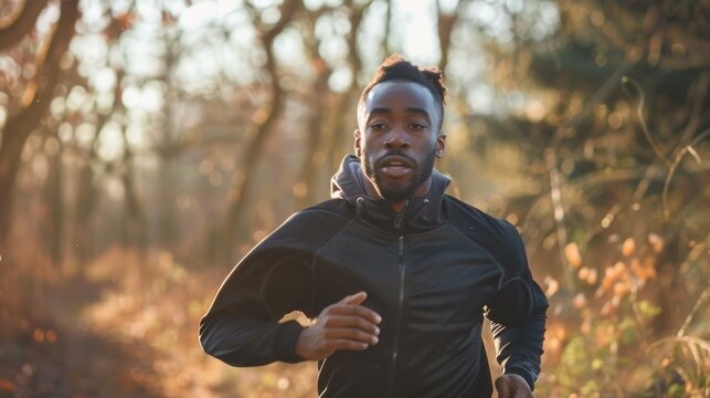 A person in a black jacket is seen running through a wooded area