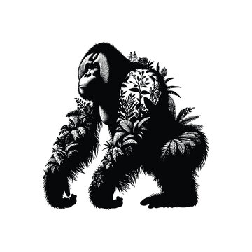 black orangutan with jungle foliage clip art preview