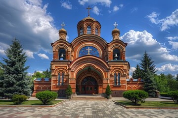 A historic church with a prominent clock tower in the foreground, ideal for use in historical or architectural settings
