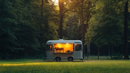 Obraz premium A food truck parked at the edge of a forest with space for text or logos in the foreground.