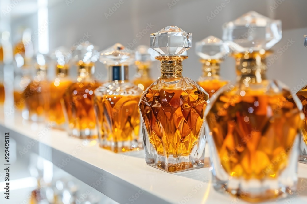 Poster A row of perfume bottles displayed on a shelf, perfect for product photography or editorial use
