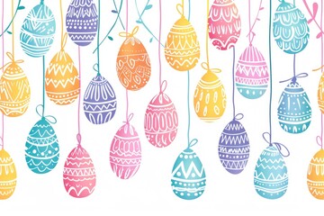 Colorful Easter eggs suspended from strings, great for spring or Easter-themed designs