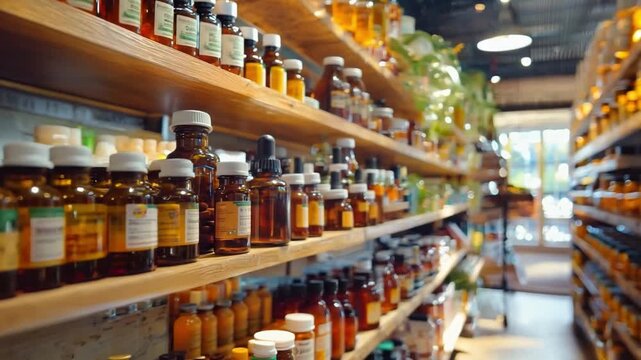 A variety of amber bottles filled with herbal remedies are neatly arranged on wooden shelves in a bright and inviting health store environment.