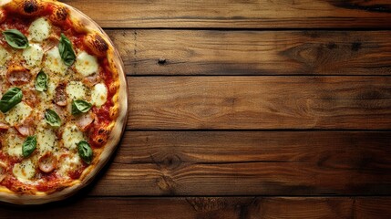 A freshly baked pizza on a rustic wooden table, with empty space on the side for text or logos.