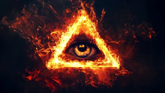Burning Eye of Providence on black background. All-seeing God's eye on fire. Illuminati and Freemasons mystical symbol