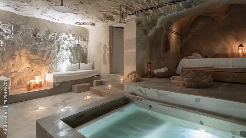 Poster a calming spa setting featuring smooth stone walls, a small relaxation pool, plush seating, and gent