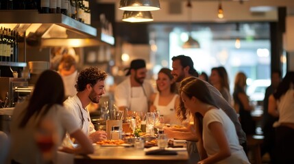 Wait staff interact with customers, taking orders in a busy restaurant filled with patrons