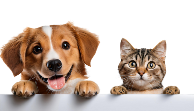 Smiling Dog and cat peeking over a blank white board on transparency background PNG