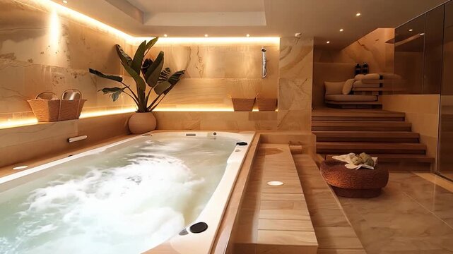 A tranquil spa space highlights a hot tub, warm lighting, natural stone walls, and a comfortable seating area for relaxation.