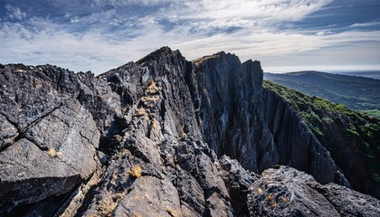 Fototapeta premium at the tip of a tall, steep black rock mountain, offering dramatic views from above. generatrive ai