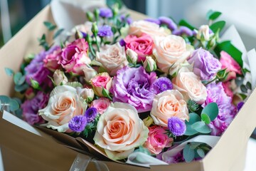 Fresh bouquet in a decorative container on a table, great for still life photography or floral arrangements