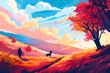 Fototapeta premium A serene landscape featuring a person and a dog amidst colorful autumn foliage.