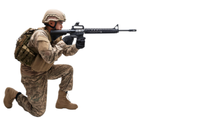 Full body of Army soldier aiming with a rifle side view , on transparency background PNG
