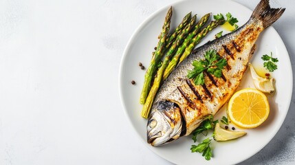 A plate of grilled fish with a side of steamed asparagus on a white background, with space for text or logos.