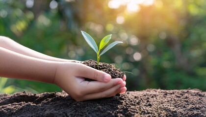 a child's tender hands holding a young plant, with sunlight shining through the leaves. generative ai