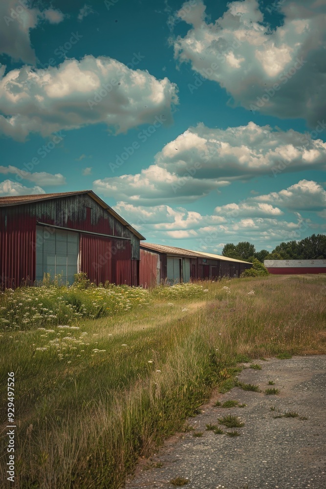 Poster a small red building sits in the middle of a green field, surrounded by nature