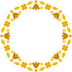 Floral elements and bellflower round golden frame. Cute greeting card border