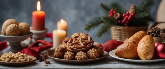 Festive Table Setting with Star-Shaped Cookies, Buns, and Christmas Decorations