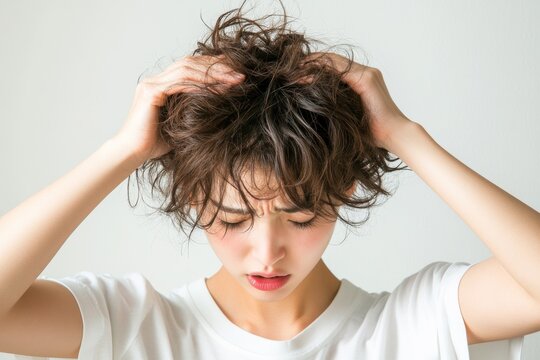Frustrated with Frizz: A young woman with short, curly hair runs her hands through it in frustration, showcasing the common struggle of unruly hair.  The image captures the relatable feeling of battli