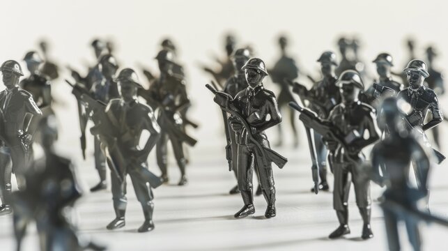 Toy soldiers in precise formation, ready for battle in striking black and white