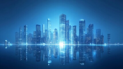 Modern skyscrapers of a smart city with a futuristic financial district, featuring a graphic perspective of buildings and reflections. Ideal for corporate and business brochure templates  