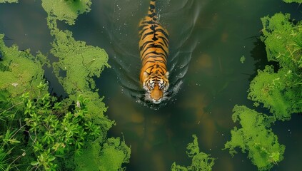 Naklejka premium Tiger Swimming in a Green Pond