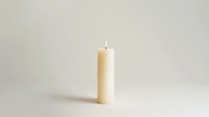 Solitary white pillar candle flickers on a serene backdrop, evoking feelings of calm and serenity