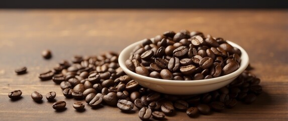 Fototapeta premium Coffee Beans in a White Bowl on a Wooden Surface