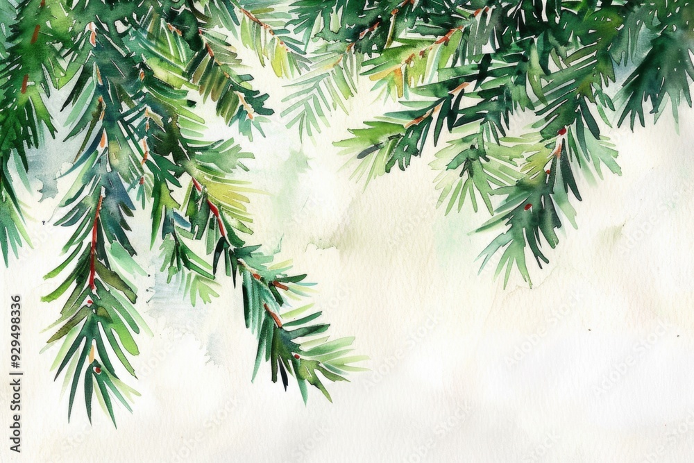 Poster watercolor painting of a pine tree branch with intricate details and soft colors