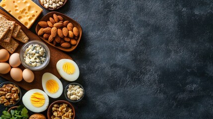 A variety of keto snacks like nuts, cheese, and boiled eggs arranged neatly, with space for promotional content.