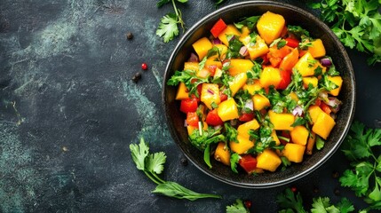 A vibrant bowl of mango salsa with fresh herbs, with space for promotional content.