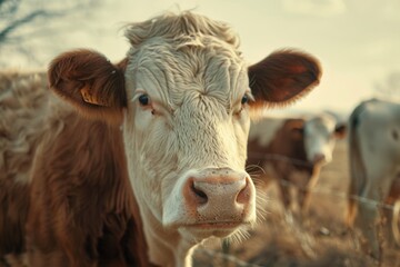 A close-up shot of a cow looking directly into the camera